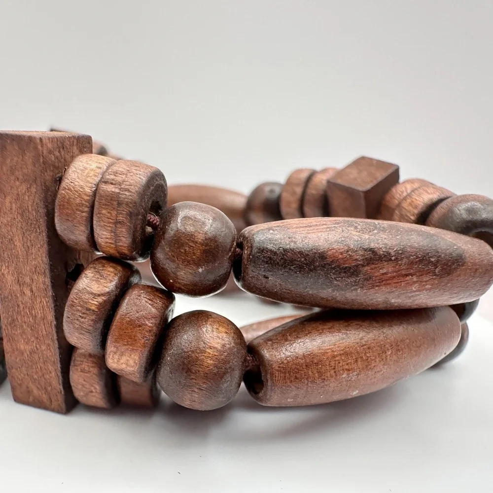 Vintage 90s Brown Three Row Wood Bead Stretch Cord Bracelet Jewelry Statement